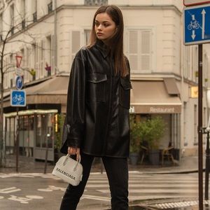 Vegan faux black leather oversized button down